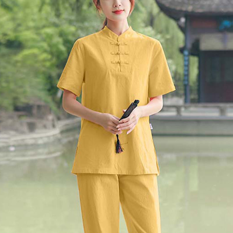 Foviel 2-teilig Damen Kurzarm Hemd Top T-Shirt Hosen Meditation Zen Tai Chi Baumwolle Leinen Bekleidung Set