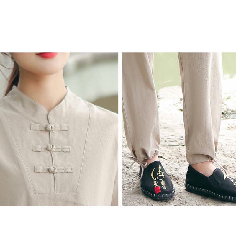 Ensemble Foviel 2 pièces pour femme comprenant un haut à manches courtes et un pantalon, en coton et lin, style méditation, zen et Tai Chi