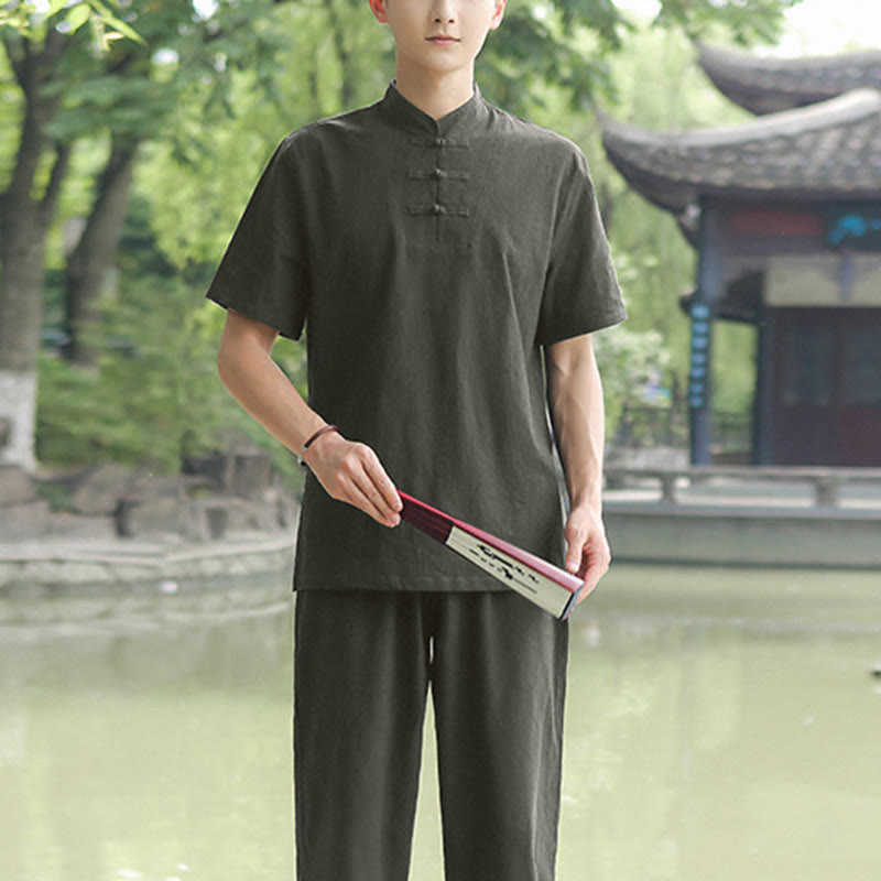 Buddha Stones 2Pcs Men's Short Sleeve Shirt Top T-Shirt Pants Meditation Zen Tai Chi Cotton Linen Clothing Set - Dark Green(Top Only) - US/UK/AU48,EU58 (6XL) - image 10