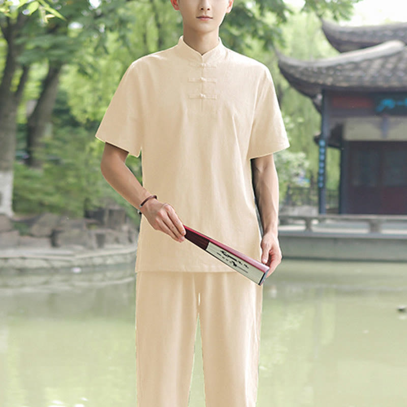 Buddha Stones 2Pcs Men's Short Sleeve Shirt Top T-Shirt Pants Meditation Zen Tai Chi Cotton Linen Clothing Set - Beige(Top&Pants) - US/UK/AU48,EU58 (6XL) - image 8
