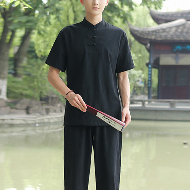 Buddha Stones 2Pcs Men's Short Sleeve Shirt Top T-Shirt Pants Meditation Zen Tai Chi Cotton Linen Clothing Set - Black(Top&Pants) - US/UK/AU48,EU58 (6XL) - image 11