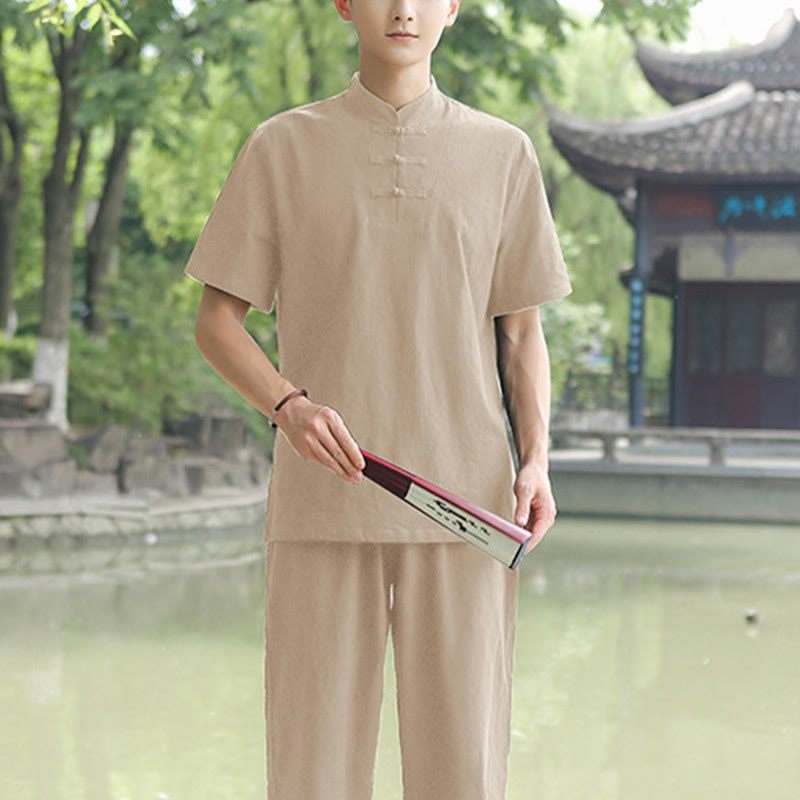 Buddha Stones 2Pcs Men's Short Sleeve Shirt Top T-Shirt Pants Meditation Zen Tai Chi Cotton Linen Clothing Set - Khaki(Top&Pants) - US/UK/AU48,EU58 (6XL) - image 7