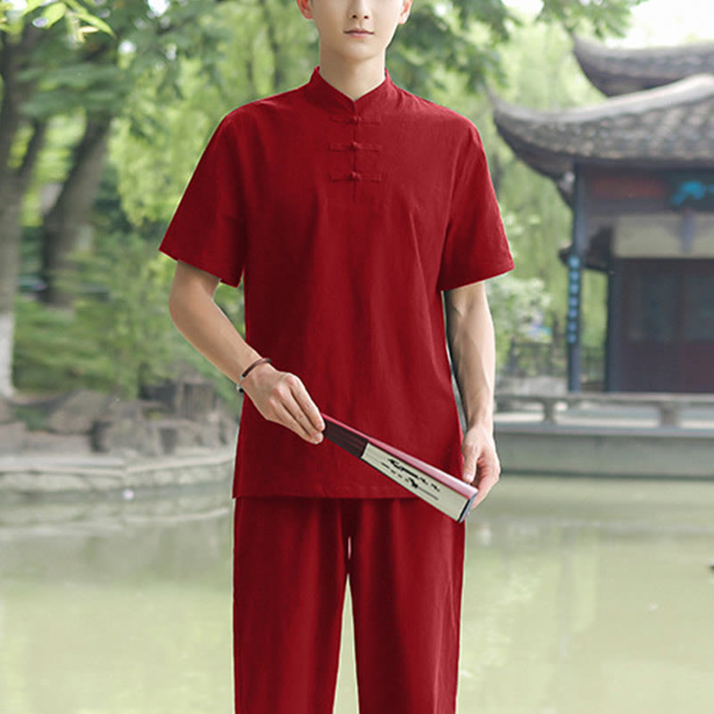 Buddha Stones 2Pcs Men's Short Sleeve Shirt Top T-Shirt Pants Meditation Zen Tai Chi Cotton Linen Clothing Set - Wine Red(Top Only) - US/UK/AU48,EU58 (6XL) - image 9
