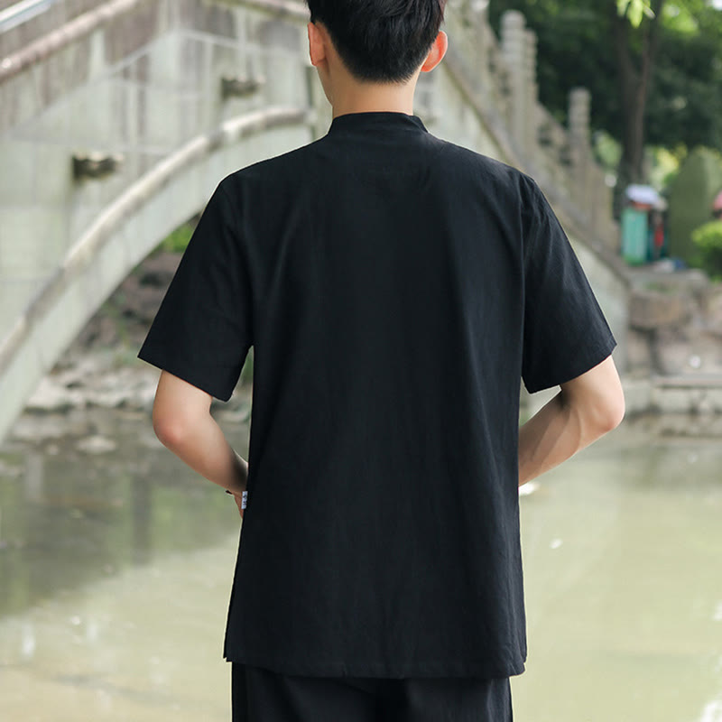 Buddha Stones 2Pcs Men's Short Sleeve Shirt Top T-Shirt Pants Meditation Zen Tai Chi Cotton Linen Clothing Set - image 12