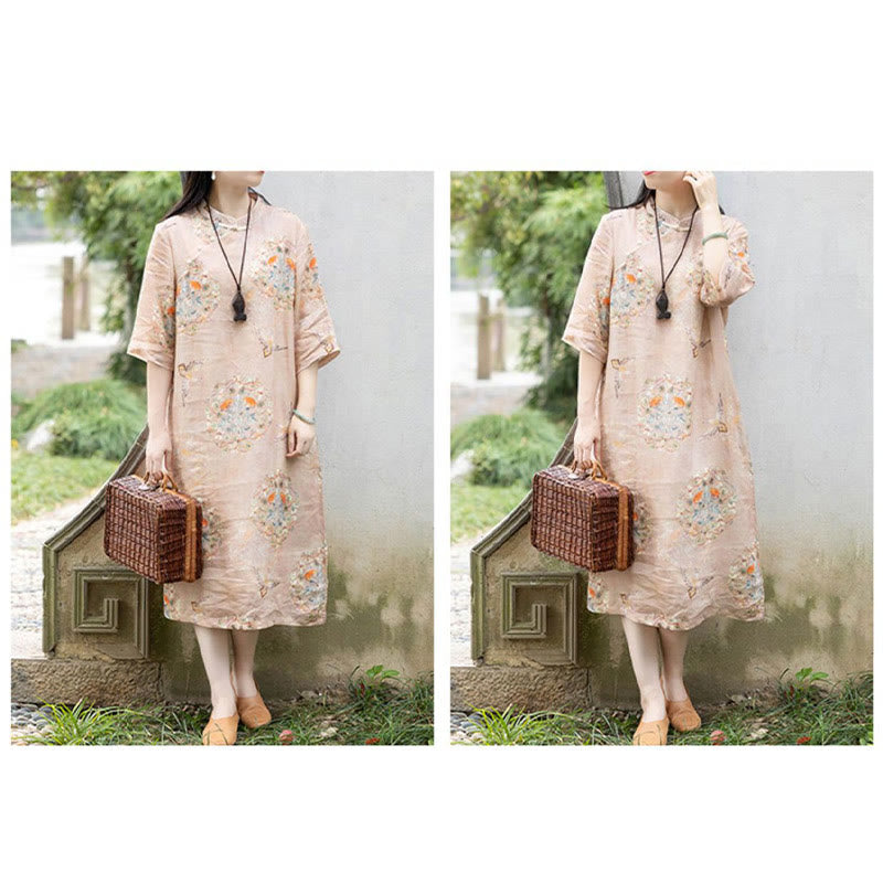 Buddha Stones Orange Flower Bird Print Cheongsam Midi Dress Cotton Linen Half Sleeve Dress With Pockets - image 4