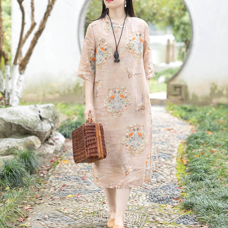 Buddha Stones Orange Flower Bird Print Cheongsam Midi Dress Cotton Linen Half Sleeve Dress With Pockets - image 1
