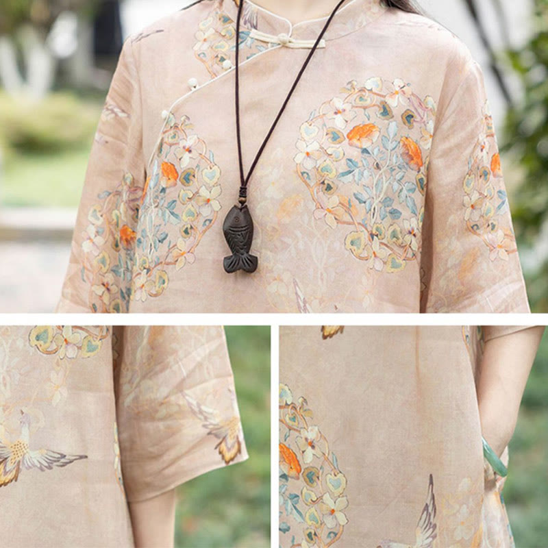 Buddha Stones Orange Flower Bird Print Cheongsam Midi Dress Cotton Linen Half Sleeve Dress With Pockets - image 2