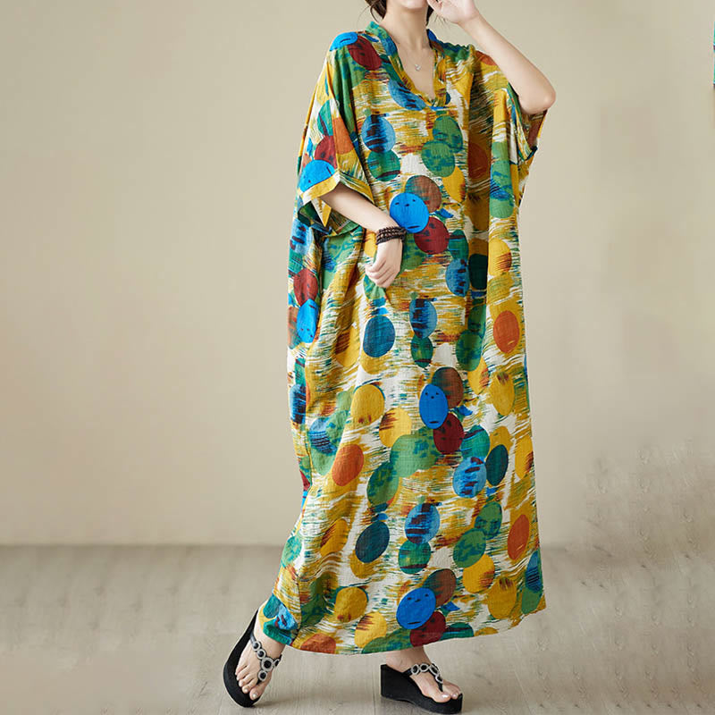 Buddha Stones Orange Blue Colorful Polka Dots Midi Dress Cotton Half Sleeve Dress With Pockets - image 3