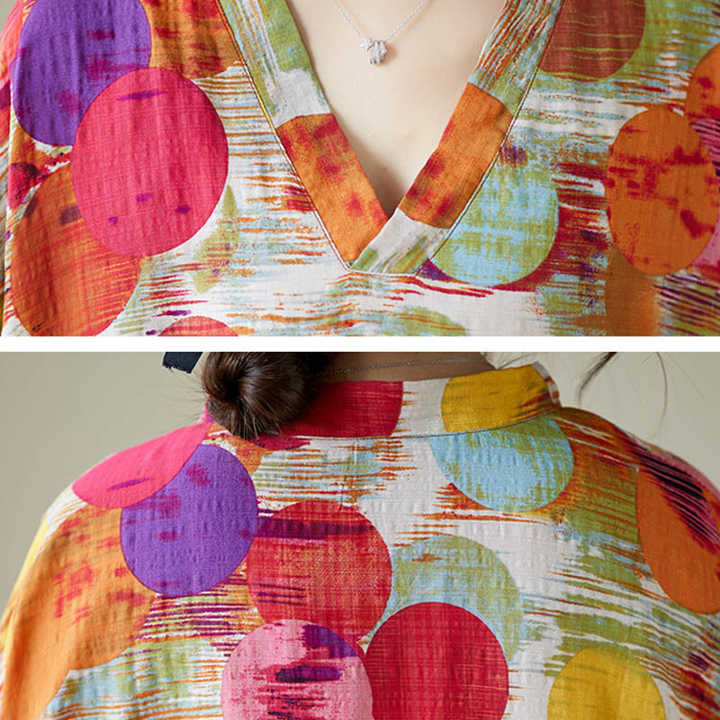 Buddha Stones Orange Blue Colorful Polka Dots Midi Dress Cotton Half Sleeve Dress With Pockets - image 15