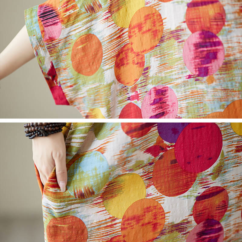 Buddha Stones Orange Blue Colorful Polka Dots Midi Dress Cotton Half Sleeve Dress With Pockets - image 16