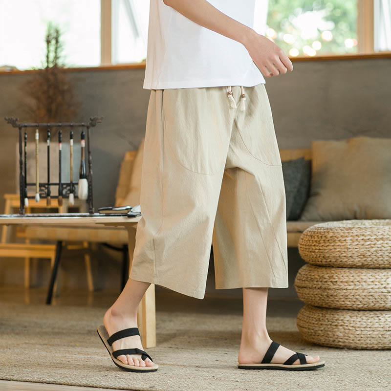 Buddha Stones Solid Color Mid-length Men's Wide Leg Pants With Pockets - Khaki - US/UK/AU46,EU56 (5XL) - image 2