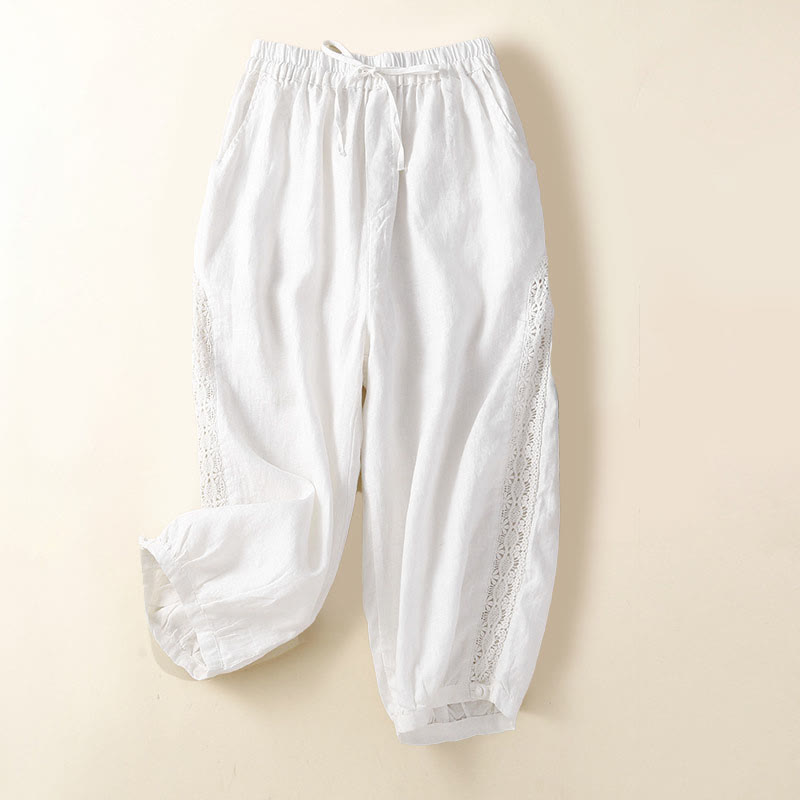 Buddha Stones Solid Color Flower Loose Drawstring Harem Pants With Pockets - White - US8-10,UK/AU12-14,EU40-42 (2XL) - image 9