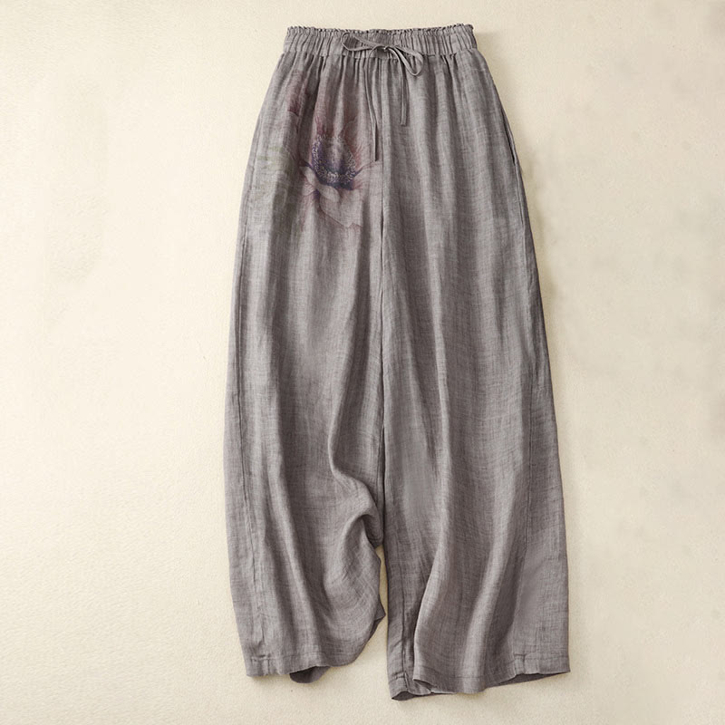 Buddha Stones Floral Print High Waist Cotton Linen Drawstring Wide Leg Pants With Pockets - Gray - US12,UK/AU16,EU44 (2XL) - image 6