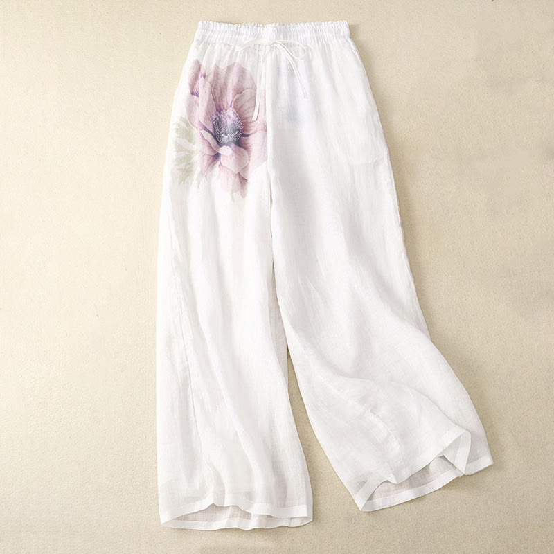 Buddha Stones Floral Print High Waist Cotton Linen Drawstring Wide Leg Pants With Pockets - White - US12,UK/AU16,EU44 (2XL) - image 0