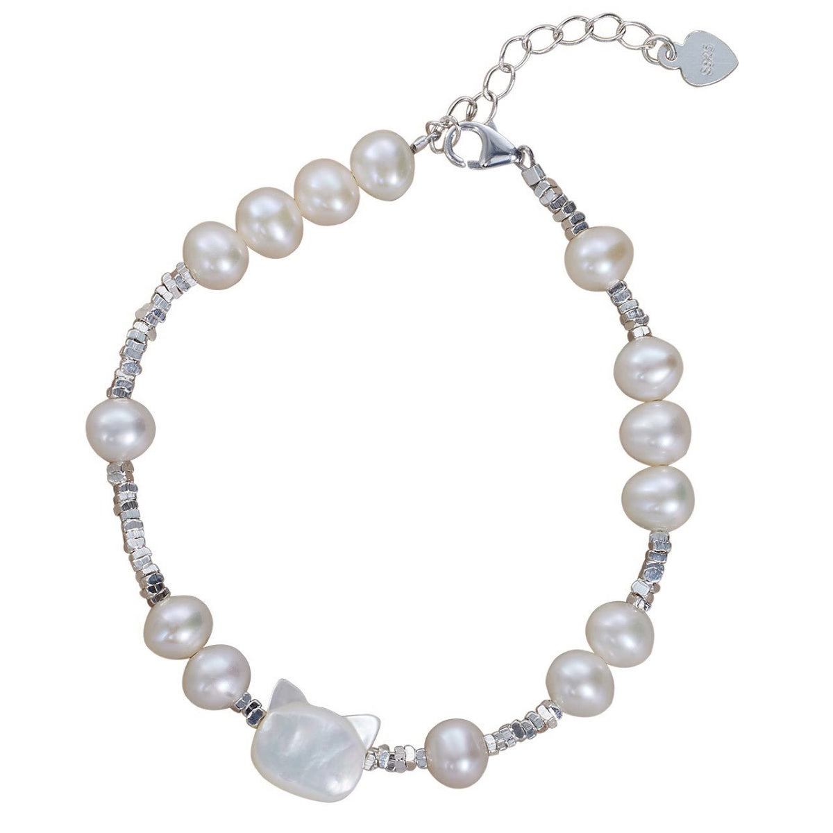 Buddha Stones Pearl Cat Head Tridacna Stone Silver Healing Bracelet - image 4