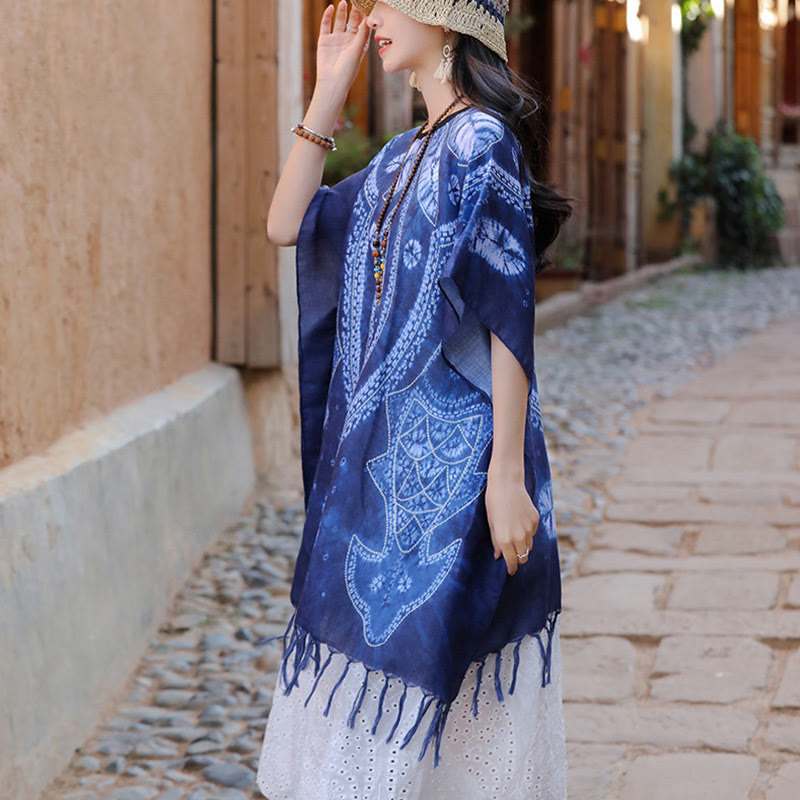 Buddha Stones Blue Geometry Batik Shawl Tassels Cozy Travel Pullover 90*95cm - image 4