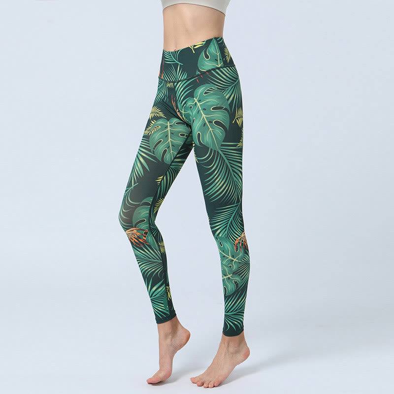 Foviel Leaves Print Sports Fitness Yoga High Waist Leggings Women's Yoga Pants