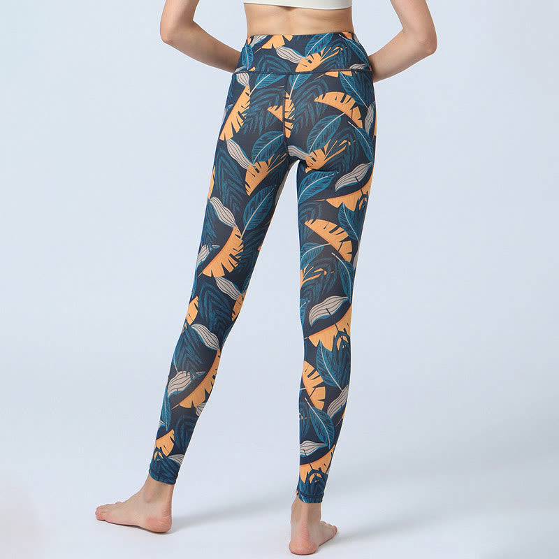 Legging de sport taille haute pour femme avec imprimé feuilles Foviel, pantalon de yoga