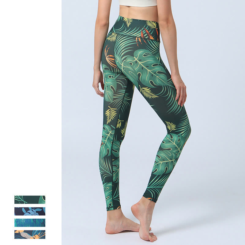 Legging de sport taille haute pour femme avec imprimé feuilles Foviel, pantalon de yoga