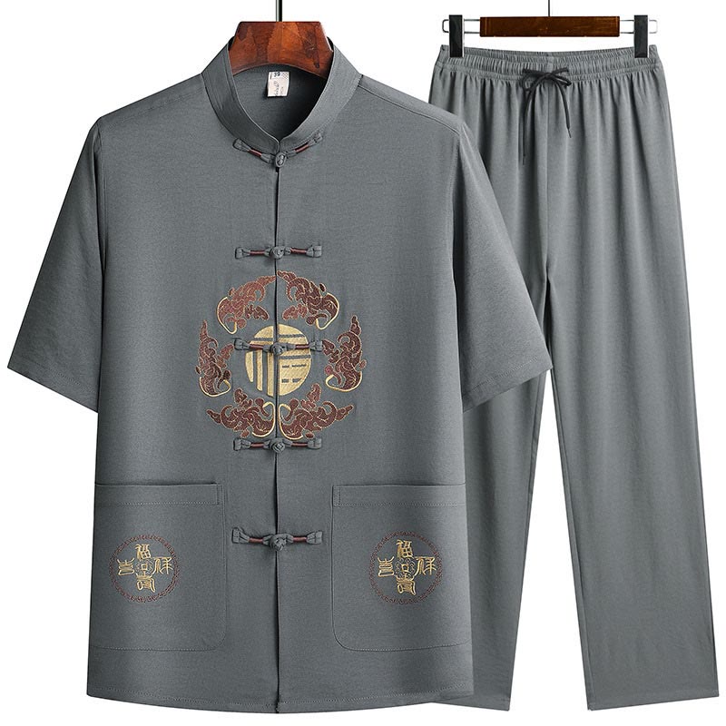 Buddha Stones Fu Character Tang Suit Hanfu Traditional Uniform Short Sleeve Top Pants Clothing Men's Set - Gray(Top&Pants) - US/UK/AU42,EU52 (3XL) - image 0