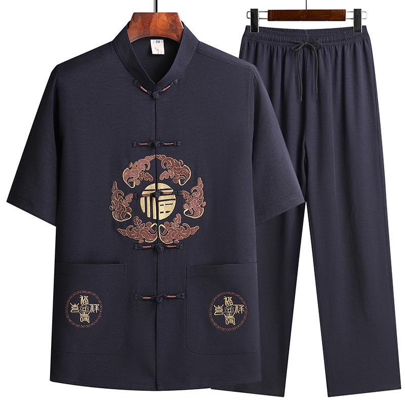 Buddha Stones Fu Character Tang Suit Hanfu Traditional Uniform Short Sleeve Top Pants Clothing Men's Set - Navy Blue(Top&Pants) - US/UK/AU42,EU52 (3XL) - image 18