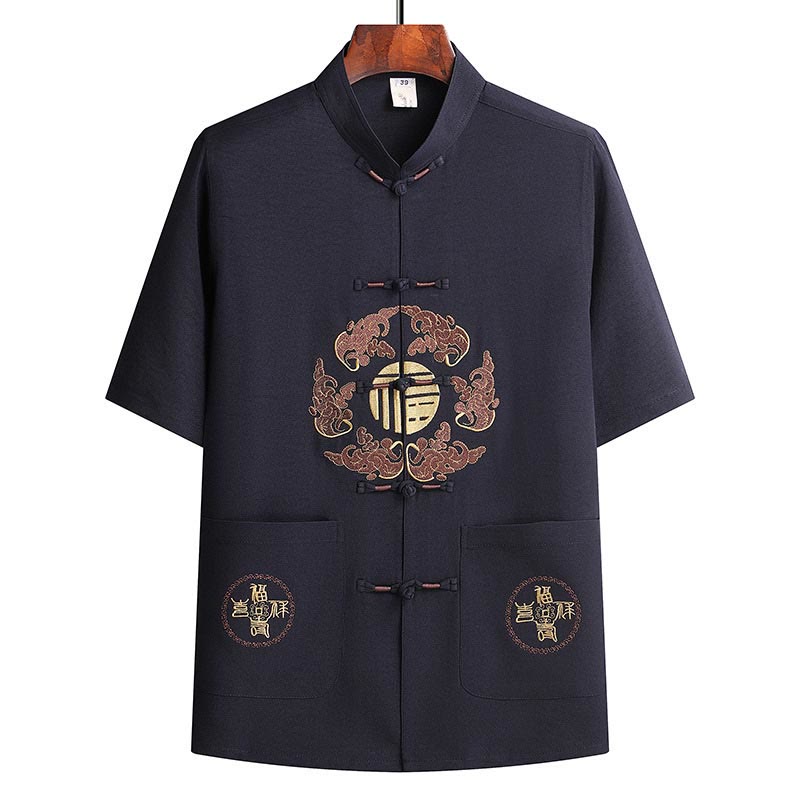 Buddha Stones Fu Character Tang Suit Hanfu Traditional Uniform Short Sleeve Top Pants Clothing Men's Set - image 19