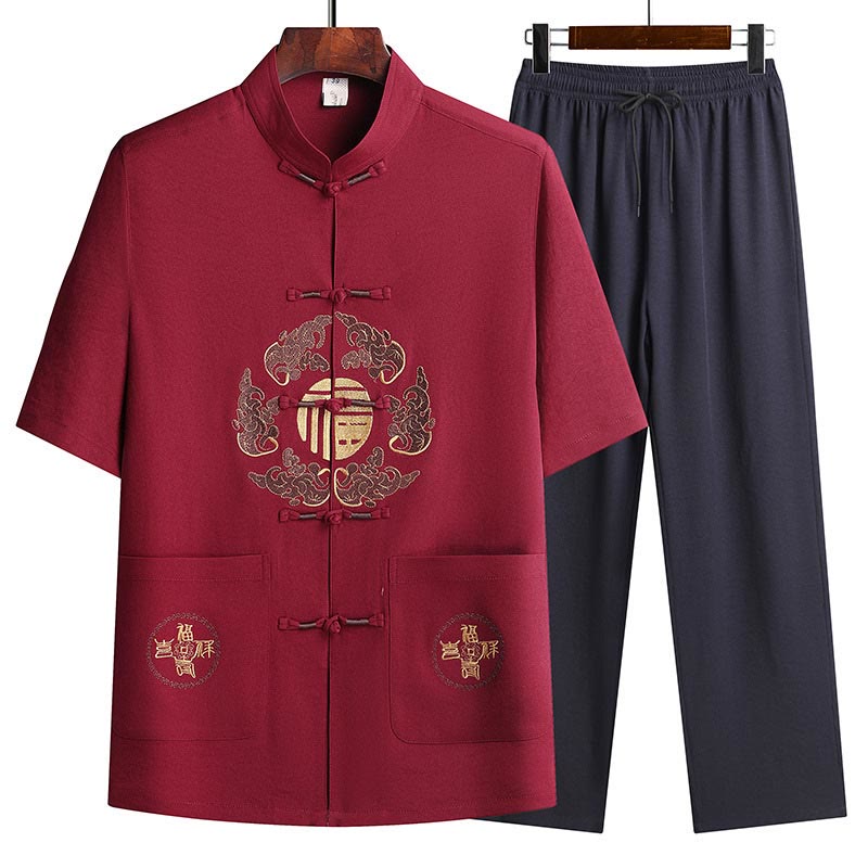 Buddha Stones Fu Character Tang Suit Hanfu Traditional Uniform Short Sleeve Top Pants Clothing Men's Set - Red(Top&Pants) - US/UK/AU42,EU52 (3XL) - image 21