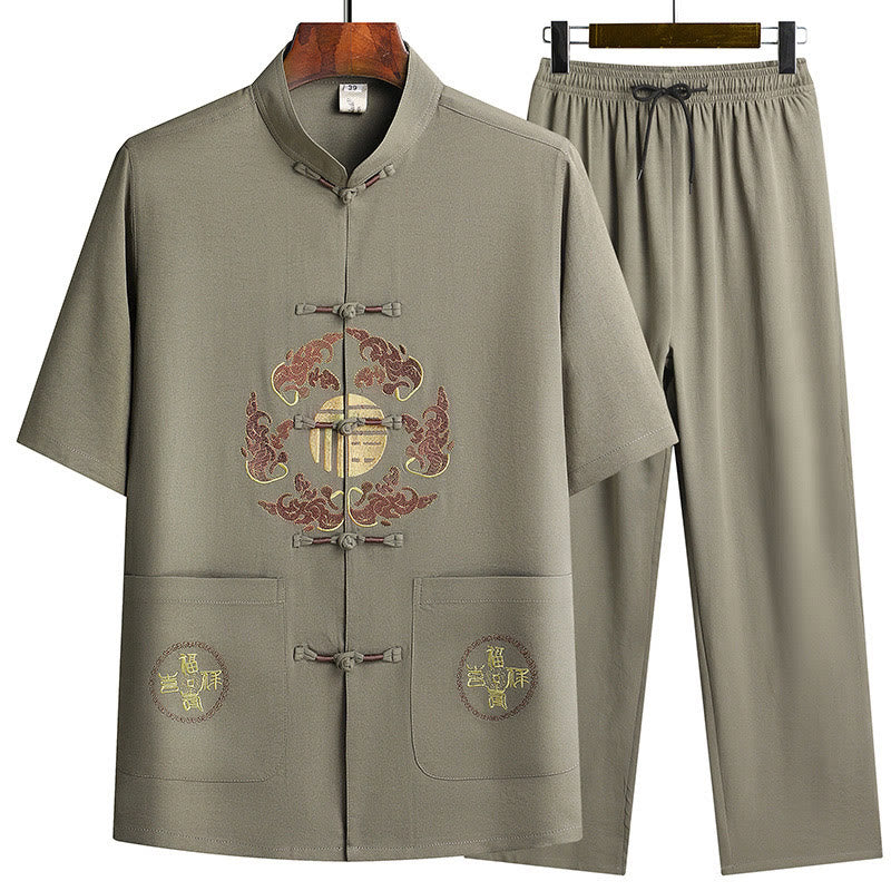Buddha Stones Fu Character Tang Suit Hanfu Traditional Uniform Short Sleeve Top Pants Clothing Men's Set - Army Green(Top&Pants) - US/UK/AU42,EU52 (3XL) - image 24