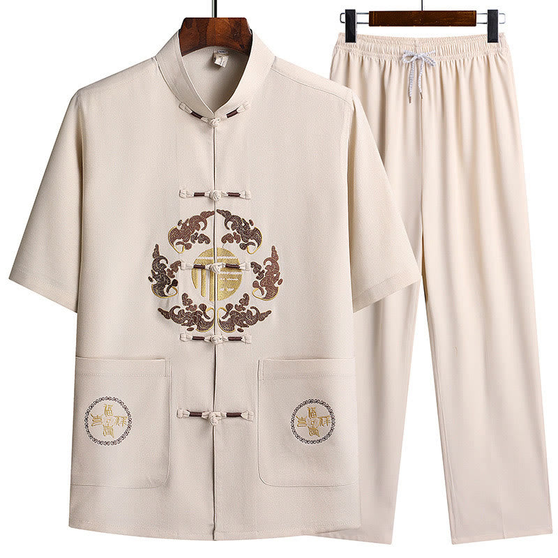 Buddha Stones Fu Character Tang Suit Hanfu Traditional Uniform Short Sleeve Top Pants Clothing Men's Set - White(Top&Pants) - US/UK/AU42,EU52 (3XL) - image 27