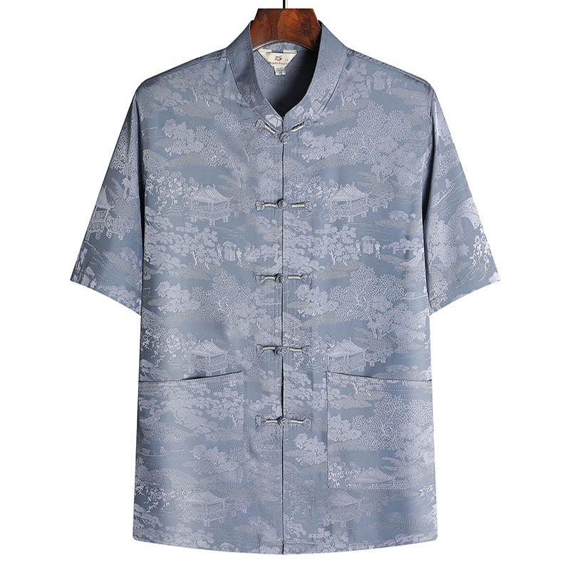 Buddha Stones Pine Tree Pavilion Garden Tang Suit Hanfu Traditional Uniform Short Sleeve Top Pants Clothing Men's Set - Gray - Top - US/UK/AU44,EU54 (4XL) - image 1