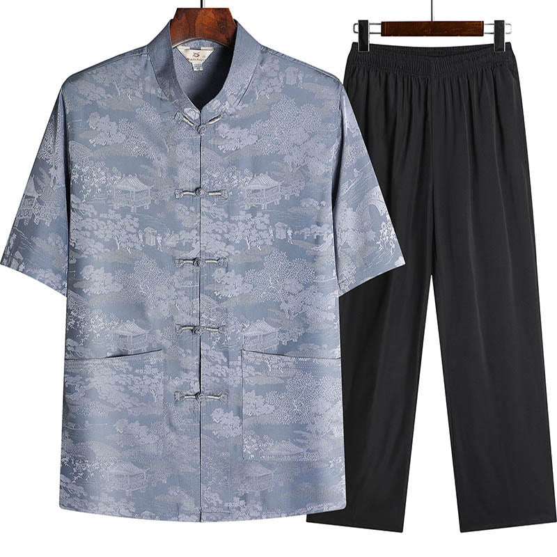 Buddha Stones Pine Tree Pavilion Garden Tang Suit Hanfu Traditional Uniform Short Sleeve Top Pants Clothing Men's Set - Gray - Top&Pants - US/UK/AU44,EU54 (4XL) - image 0
