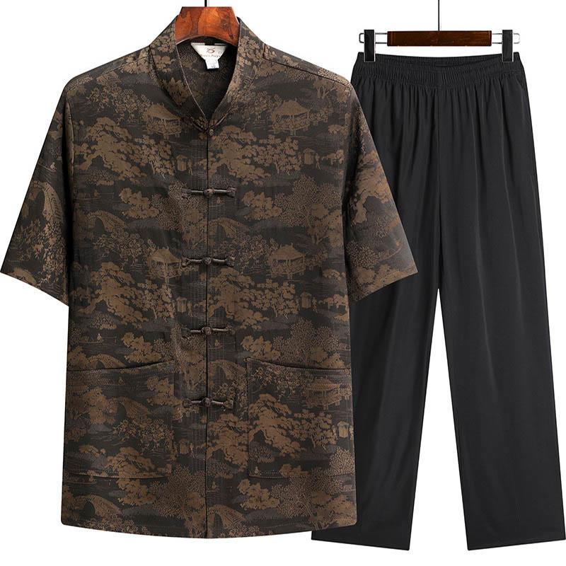 Buddha Stones Pine Tree Pavilion Garden Tang Suit Hanfu Traditional Uniform Short Sleeve Top Pants Clothing Men's Set - Brown - Top&Pants - US/UK/AU44,EU54 (4XL) - image 2
