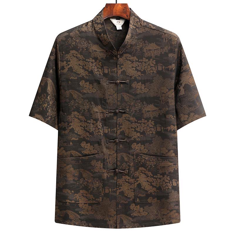 Buddha Stones Pine Tree Pavilion Garden Tang Suit Hanfu Traditional Uniform Short Sleeve Top Pants Clothing Men's Set - Brown - Top - US/UK/AU44,EU54 (4XL) - image 3