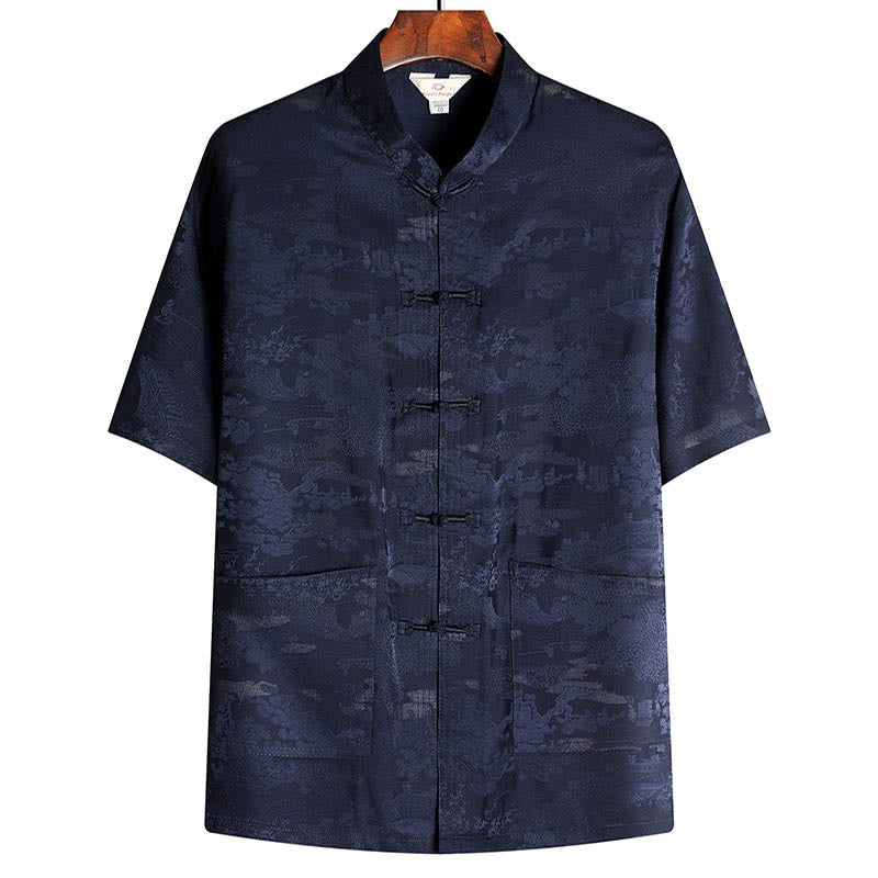 Buddha Stones Pine Tree Pavilion Garden Tang Suit Hanfu Traditional Uniform Short Sleeve Top Pants Clothing Men's Set - Navy Blue - Top - US/UK/AU44,EU54 (4XL) - image 10