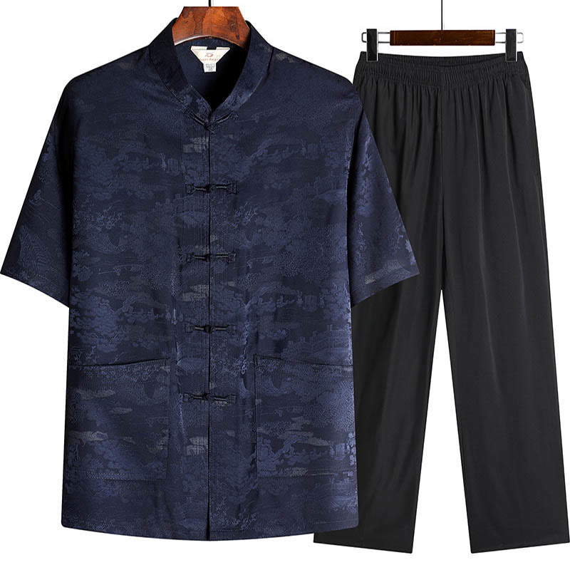 Buddha Stones Pine Tree Pavilion Garden Tang Suit Hanfu Traditional Uniform Short Sleeve Top Pants Clothing Men's Set - Navy Blue - Top&Pants - US/UK/AU44,EU54 (4XL) - image 9