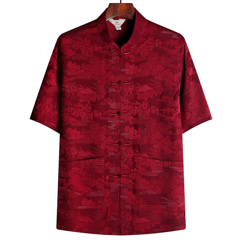 Buddha Stones Pine Tree Pavilion Garden Tang Suit Hanfu Traditional Uniform Short Sleeve Top Pants Clothing Men's Set - Red - Top - US/UK/AU44,EU54 (4XL) - image 12