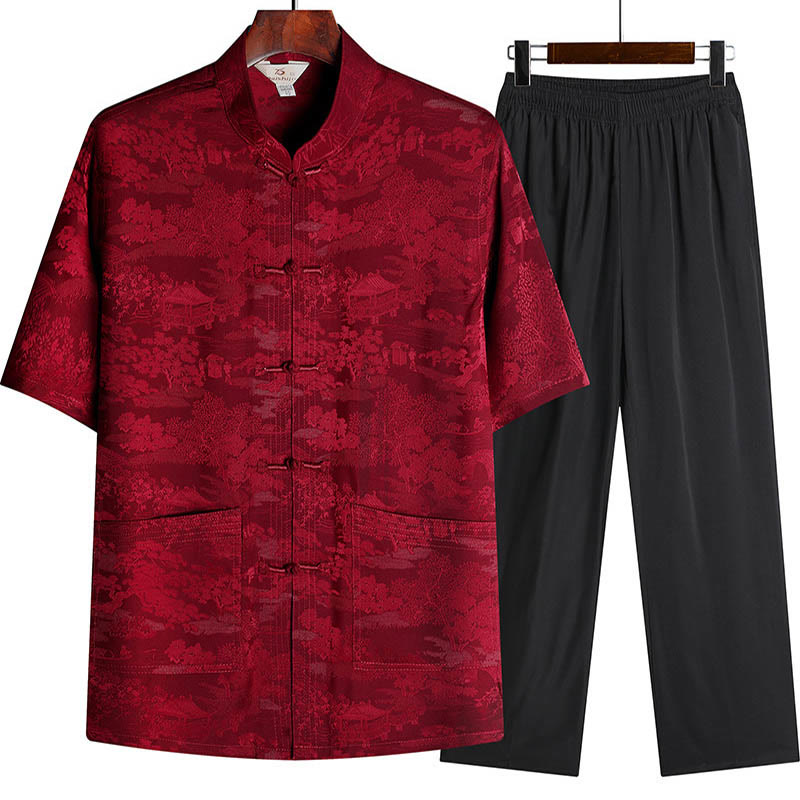 Buddha Stones Pine Tree Pavilion Garden Tang Suit Hanfu Traditional Uniform Short Sleeve Top Pants Clothing Men's Set - Red - Top&Pants - US/UK/AU44,EU54 (4XL) - image 11