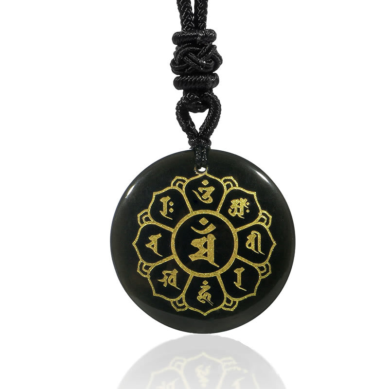 Foviel Om Mani Padme Hum Natural Various Crystal Black Obsidian Strength Necklace Pendant