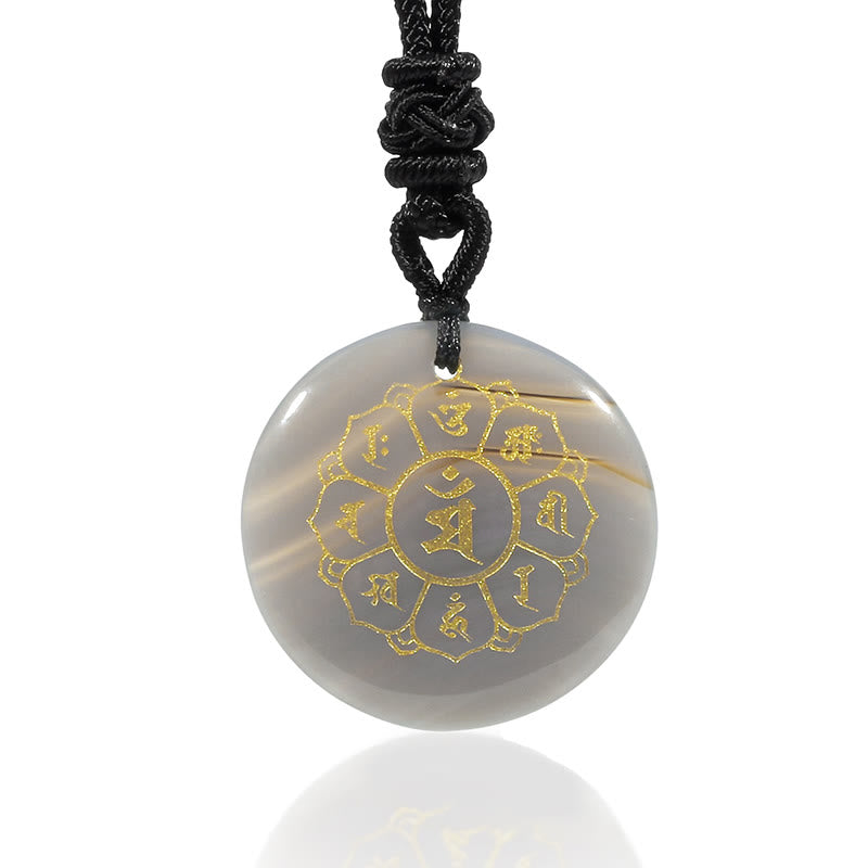 Pendentif collier de force en obsidienne noire avec divers cristaux naturels Foviel Om Mani Padme Hum