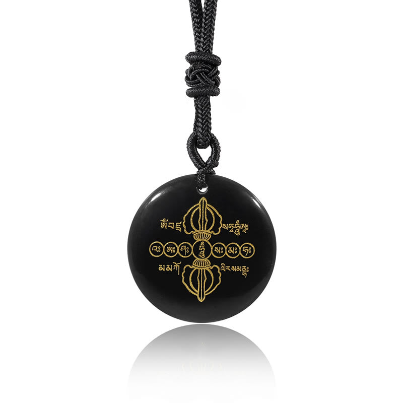 Foviel Vajra Dorje Sanskrit Muster Natürlich Verschiedene Kristall schwarzer Obsidian Fulfilment Halskette Anhänger