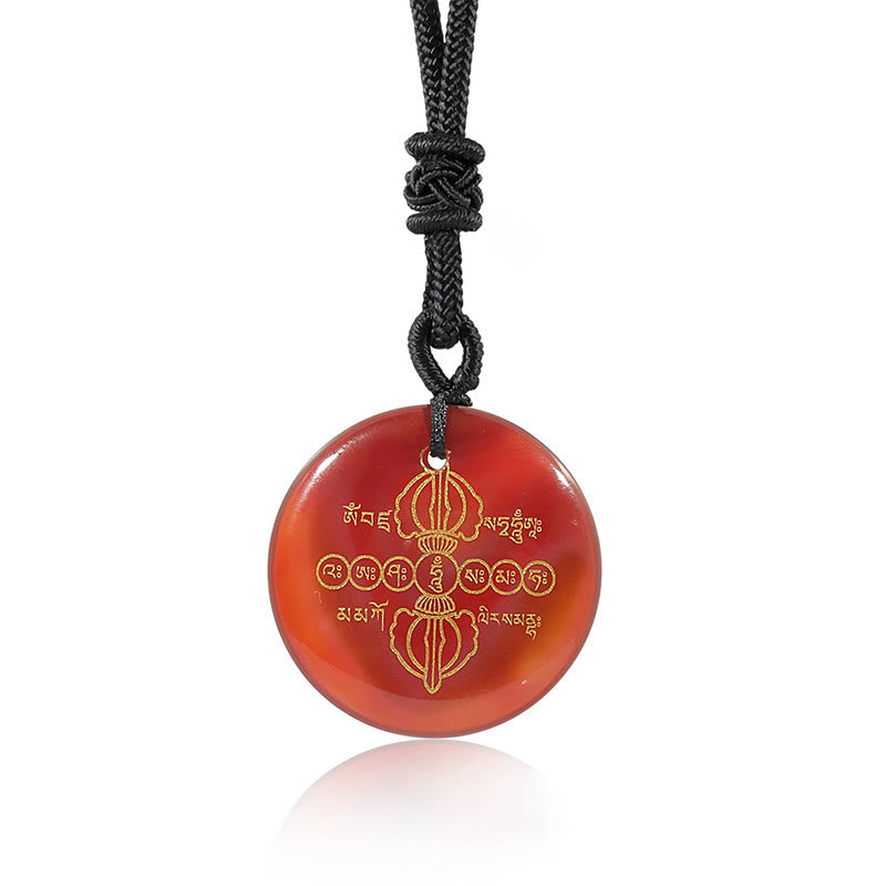 Foviel Vajra Dorje Sanskrit Muster Natürlich Verschiedene Kristall schwarzer Obsidian Fulfilment Halskette Anhänger