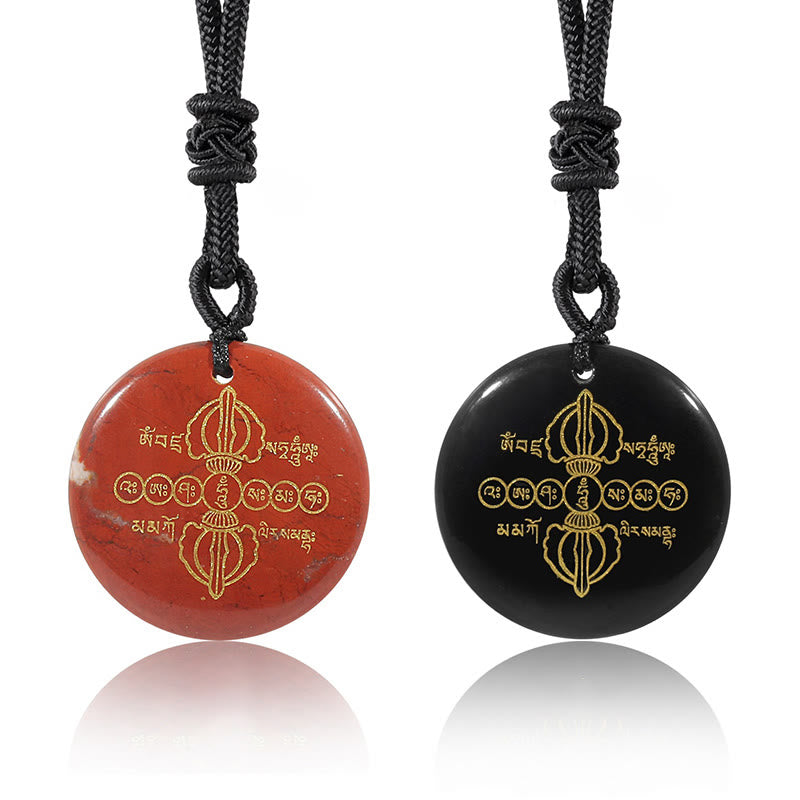 Foviel Vajra Dorje Sanskrit Muster Natürlich Verschiedene Kristall schwarzer Obsidian Fulfilment Halskette Anhänger