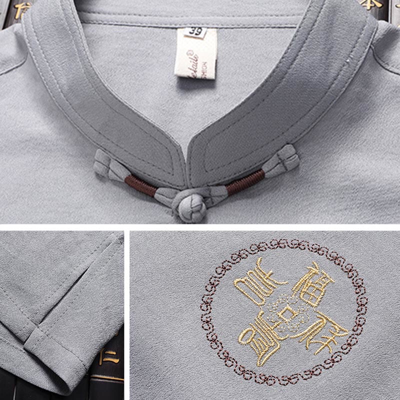Buddha Stones Fu Character Tang Suit Hanfu Traditional Uniform Short Sleeve Top Pants Clothing Men's Set - image 8