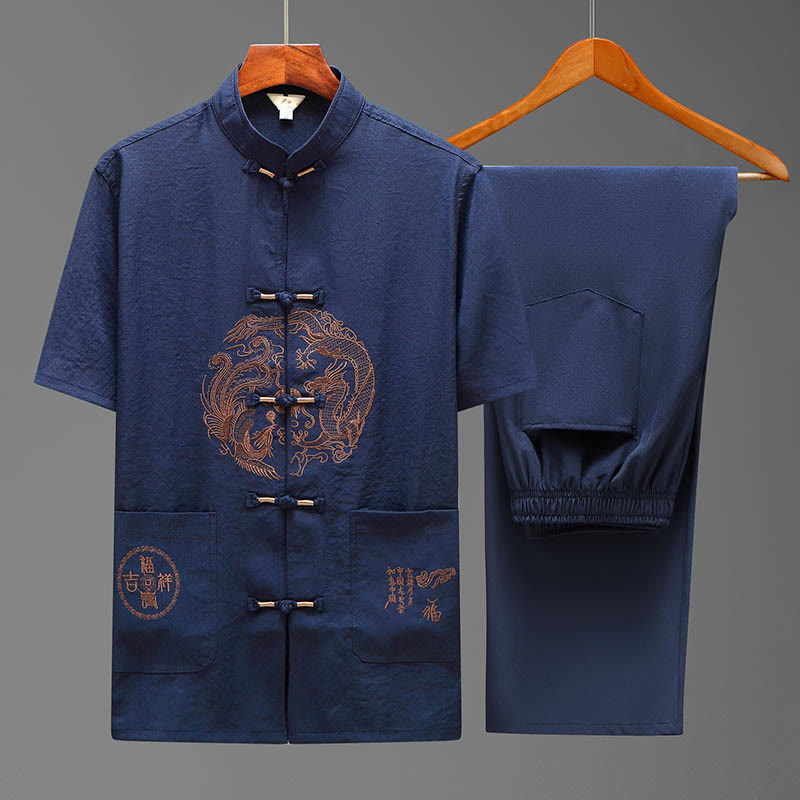 Foviel Drache Fu Charakter Tang Anzug traditionelle Kurzarm Hemd weites Bein Hose Bekleidung Herren Set