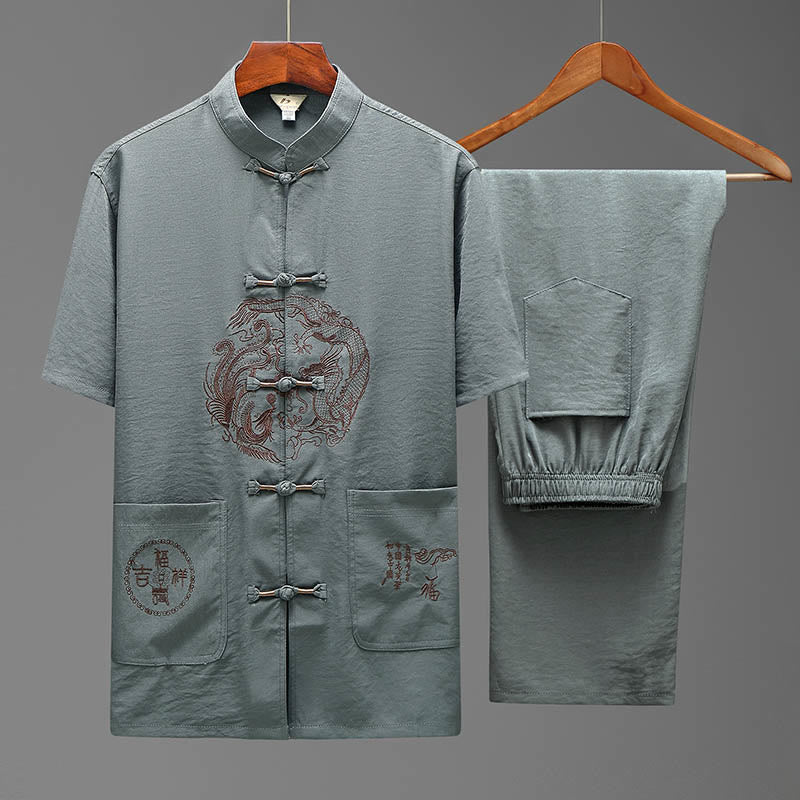 Foviel Drache Fu Charakter Tang Anzug traditionelle Kurzarm Hemd weites Bein Hose Bekleidung Herren Set