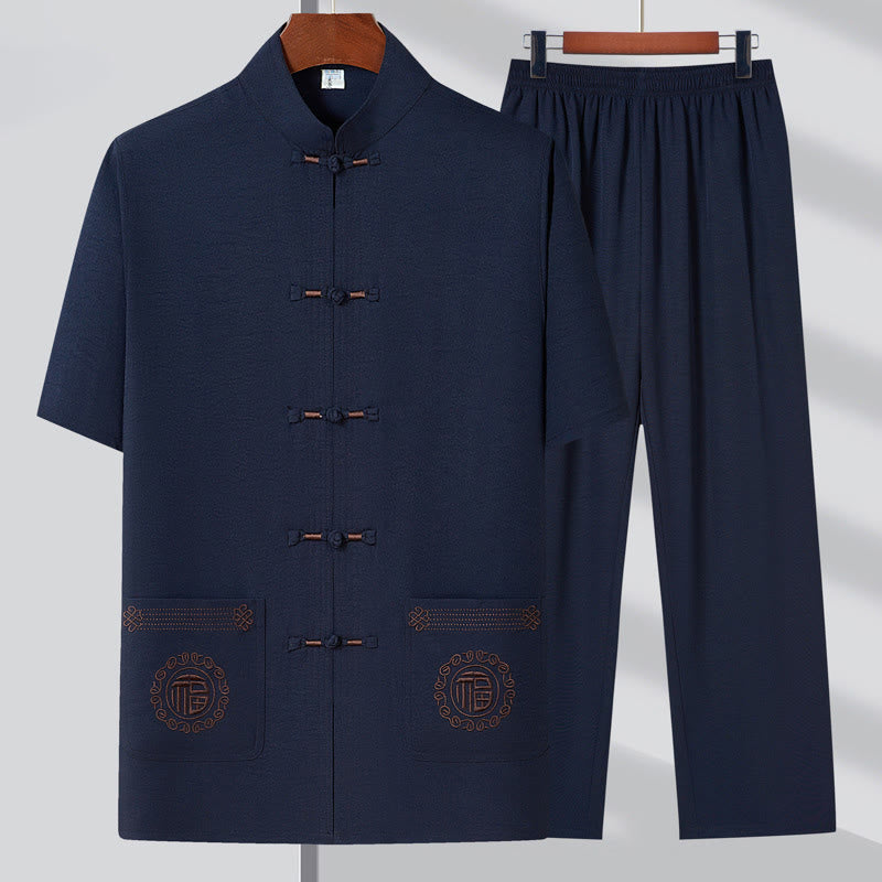 Buddha Stones Fu Character Embroidery Tang Suit Traditional Frog-Button Short Sleeve Top Pants Clothing Men's Set - Dark Blue(Top&Pants) - US/UK/AU44,EU54 (4XL) - image 1