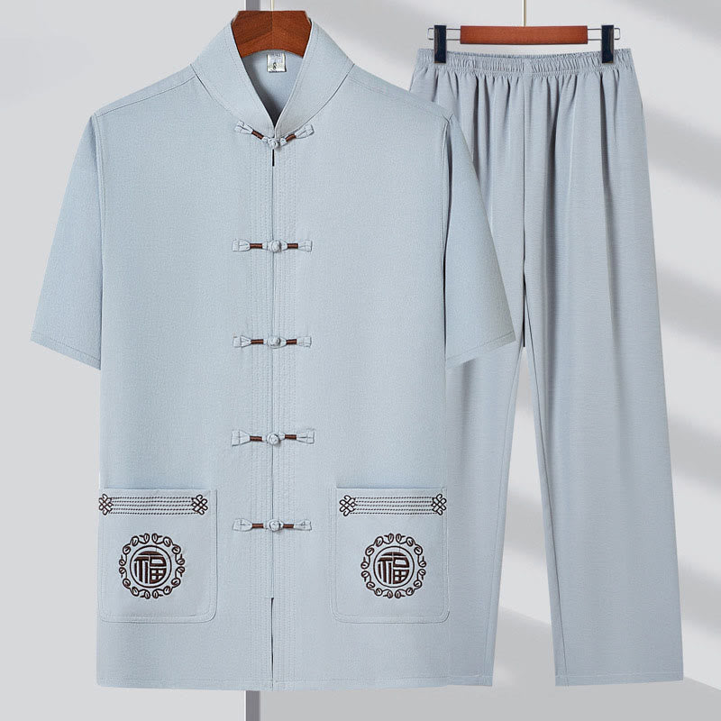 Buddha Stones Fu Character Embroidery Tang Suit Traditional Frog-Button Short Sleeve Top Pants Clothing Men's Set - Light Gray(Top&Pants) - US/UK/AU44,EU54 (4XL) - image 5