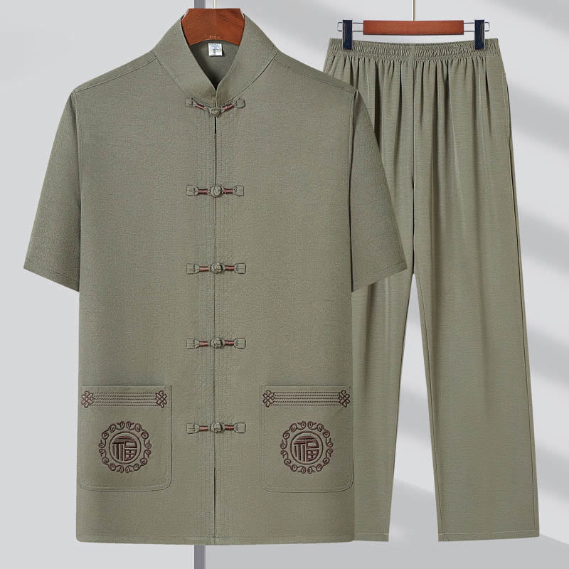 Buddha Stones Fu Character Embroidery Tang Suit Traditional Frog-Button Short Sleeve Top Pants Clothing Men's Set - Light Green(Top&Pants) - US/UK/AU44,EU54 (4XL) - image 0