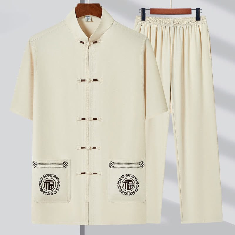 Buddha Stones Fu Character Embroidery Tang Suit Traditional Frog-Button Short Sleeve Top Pants Clothing Men's Set - Beige(Top&Pants) - US/UK/AU44,EU54 (4XL) - image 2