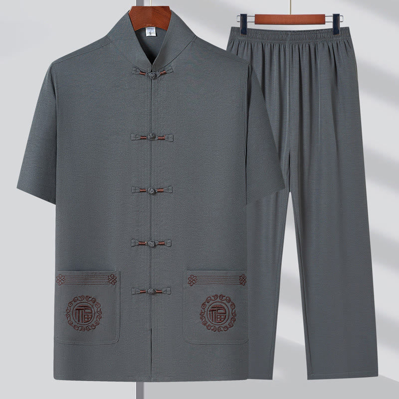 Buddha Stones Fu Character Embroidery Tang Suit Traditional Frog-Button Short Sleeve Top Pants Clothing Men's Set - Gray(Top&Pants) - US/UK/AU44,EU54 (4XL) - image 3